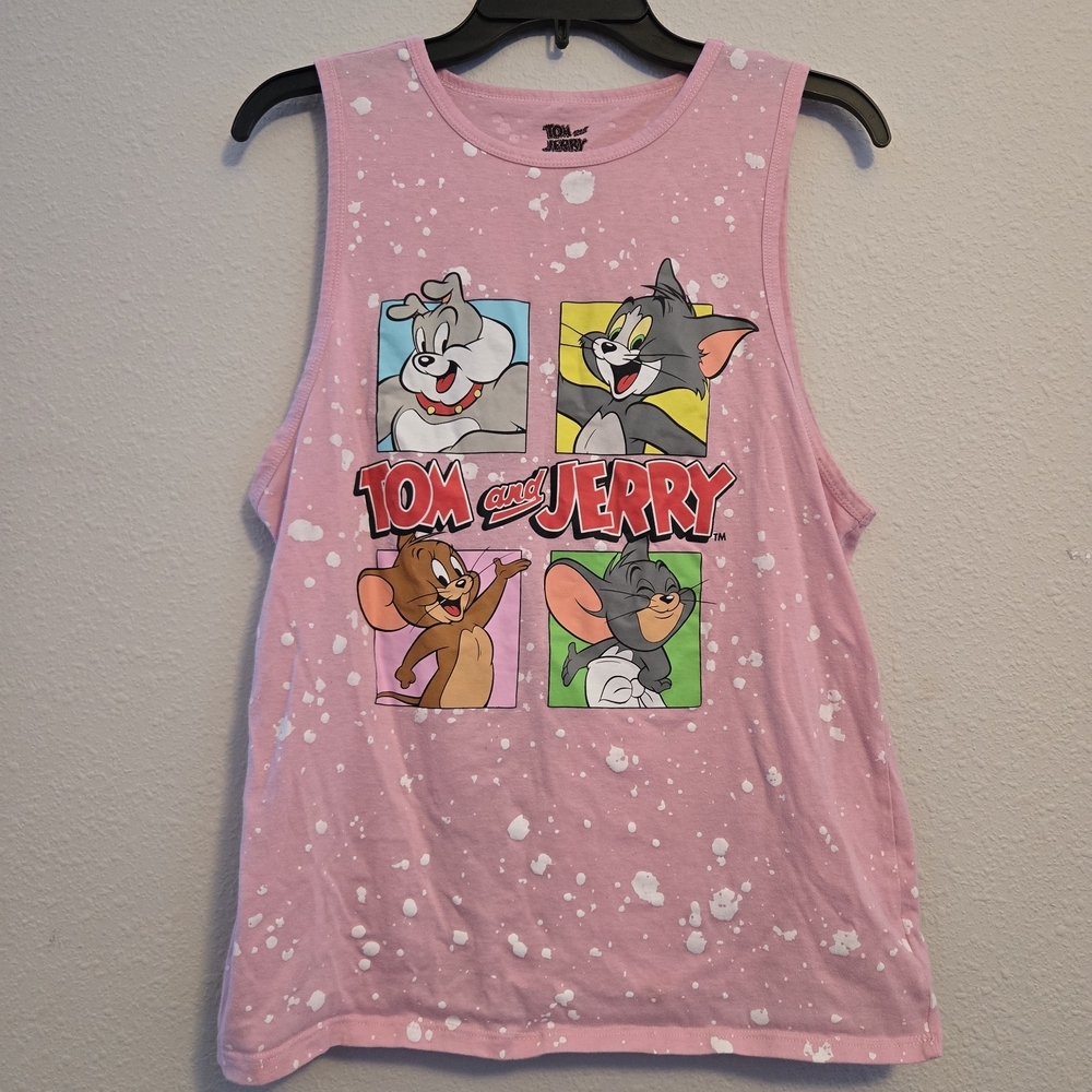 Tom and Jerry Pink M Womens Sleeveless TShirt Graphic Print White Paint Splatter